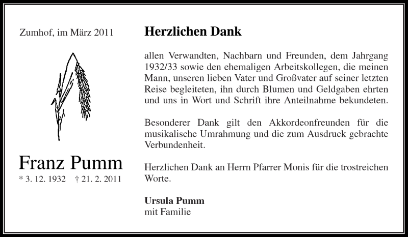  Traueranzeige für Franz Pumm vom 12.03.2011 aus Kreiszeitung Waiblingen