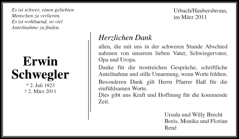  Traueranzeige für Erwin Schwegler vom 21.03.2011 aus Kreiszeitung Waiblingen