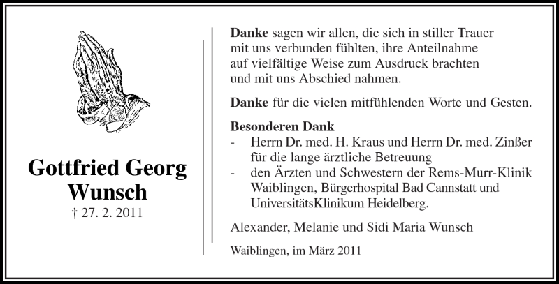  Traueranzeige für Gottfried Georg Wunsch vom 18.03.2011 aus Kreiszeitung Waiblingen