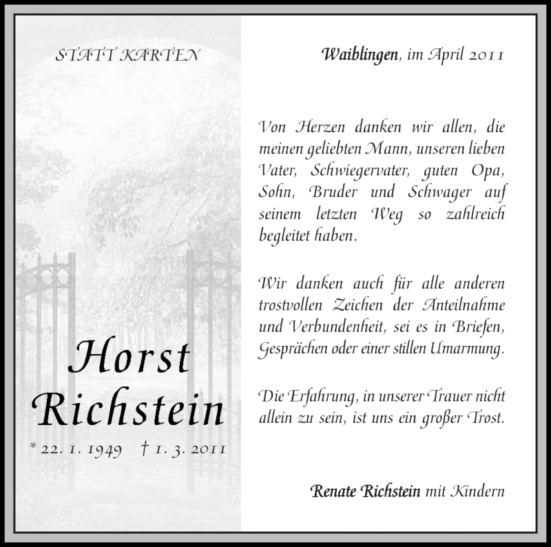  Traueranzeige für Horst Richstein vom 02.04.2011 aus Kreiszeitung Waiblingen
