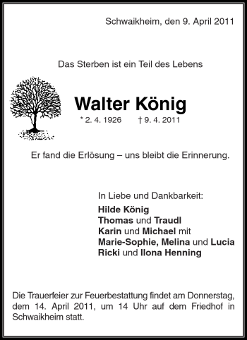 Traueranzeige von Walter König von Kreiszeitung Waiblingen