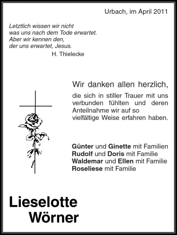 Traueranzeige von Lieselotte Wörner von Kreiszeitung Waiblingen