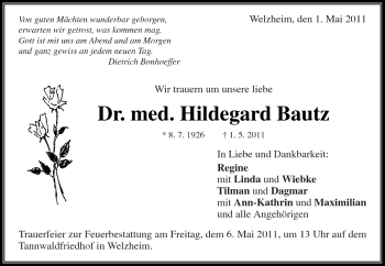 Traueranzeige von Hildegard Bautz von Kreiszeitung Waiblingen