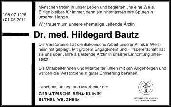 Traueranzeige von Hildegard Bautz von Kreiszeitung Waiblingen