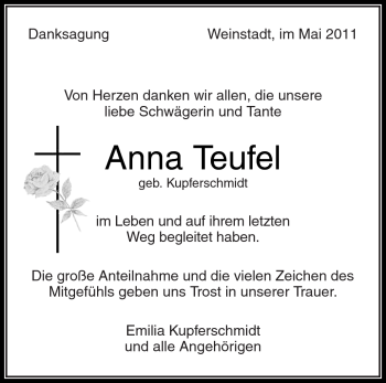 Traueranzeige von Anna Teufel von Kreiszeitung Waiblingen