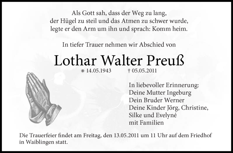  Traueranzeige für Lothar Walter Preuß vom 10.05.2011 aus Kreiszeitung Waiblingen