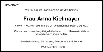 Traueranzeige von Anna Kielmayer von Kreiszeitung Waiblingen