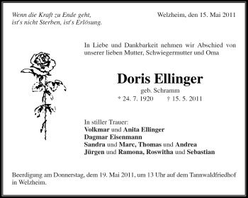 Traueranzeige von Doris Ellinger von Kreiszeitung Waiblingen