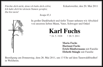 Traueranzeige von Karl Fuchs von Kreiszeitung Waiblingen