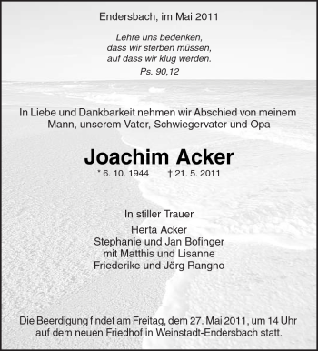 Traueranzeige von Joachim Acker von Kreiszeitung Waiblingen