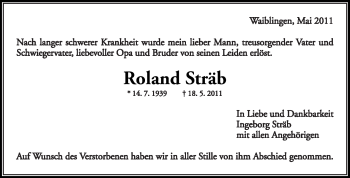 Traueranzeige von Roland Sträb von Kreiszeitung Waiblingen