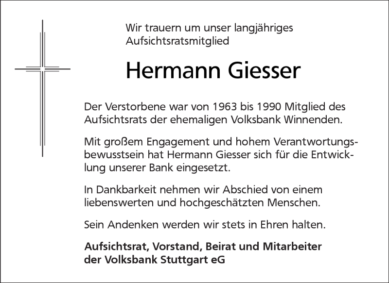  Traueranzeige für Hermann Giesser vom 04.06.2011 aus Kreiszeitung Waiblingen