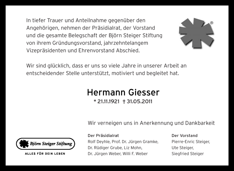  Traueranzeige für Hermann Giesser vom 04.06.2011 aus Kreiszeitung Waiblingen