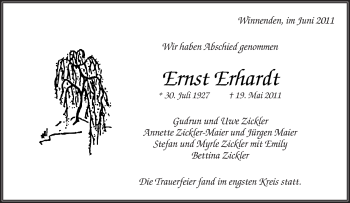 Traueranzeige von Ernst Erhardt von Kreiszeitung Waiblingen