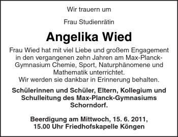 Traueranzeige von Angelika Wied von Kreiszeitung Waiblingen