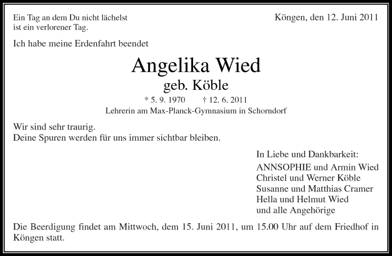  Traueranzeige für Angelika Wied vom 15.06.2011 aus Kreiszeitung Waiblingen