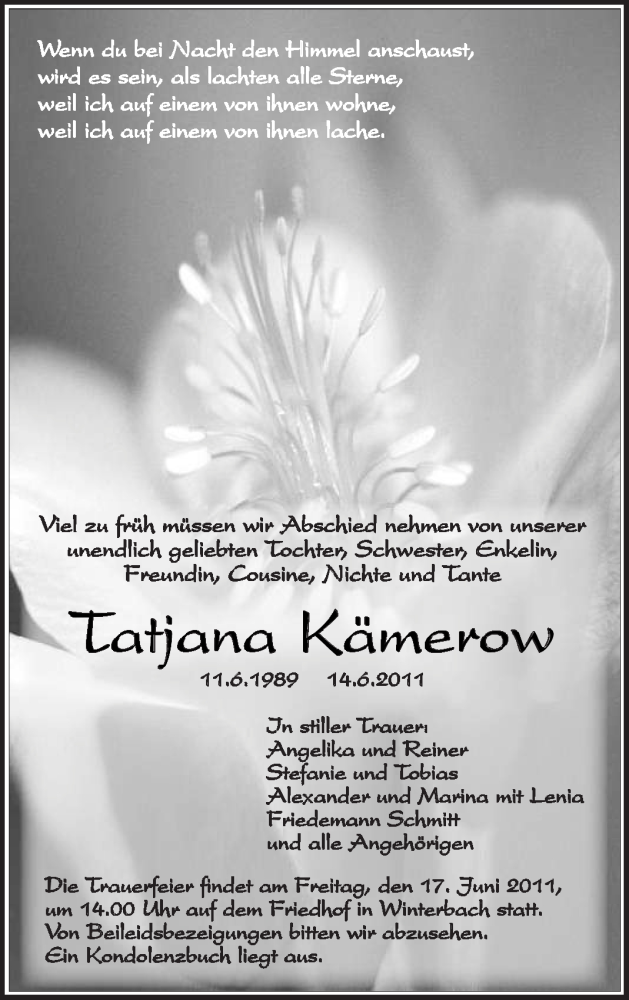  Traueranzeige für Tatjana Kämerow vom 16.06.2011 aus Kreiszeitung Waiblingen