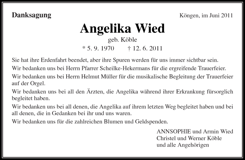  Traueranzeige für Angelika Wied vom 30.06.2011 aus Kreiszeitung Waiblingen
