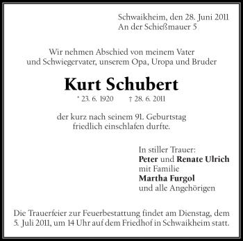 Traueranzeige von Kurt Schubert von Kreiszeitung Waiblingen