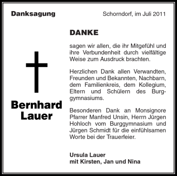 Traueranzeige von Bernhard Lauer von Kreiszeitung Waiblingen