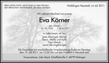 Traueranzeige von Eva Körner von Kreiszeitung Waiblingen