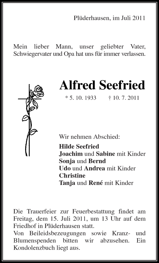  Traueranzeige für Alfred Seefried vom 13.07.2011 aus Kreiszeitung Waiblingen