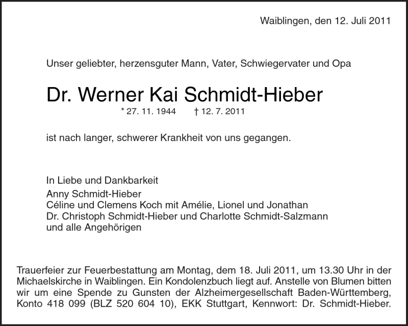  Traueranzeige für Werner Schmidt-Hieber vom 14.07.2011 aus Kreiszeitung Waiblingen