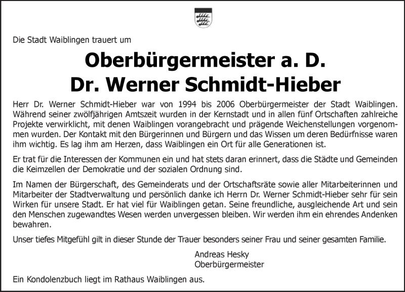  Traueranzeige für Werner Schmidt-Hieber vom 14.07.2011 aus Kreiszeitung Waiblingen