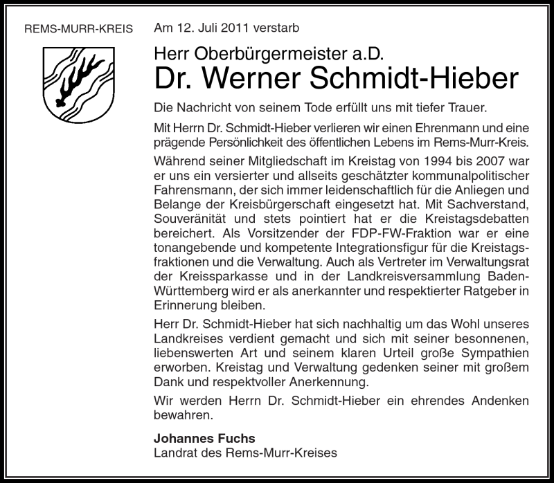  Traueranzeige für Werner Schmidt-Hieber vom 15.07.2011 aus Kreiszeitung Waiblingen