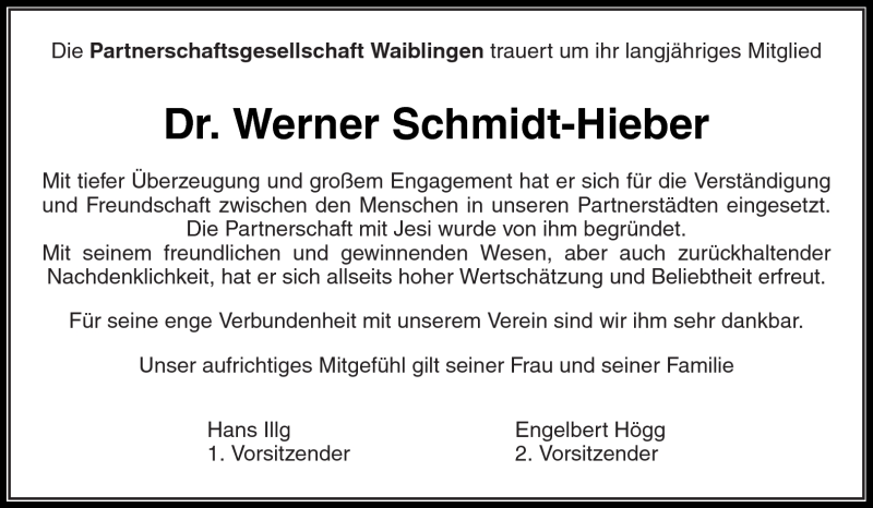  Traueranzeige für Werner Schmidt-Hieber vom 16.07.2011 aus Kreiszeitung Waiblingen