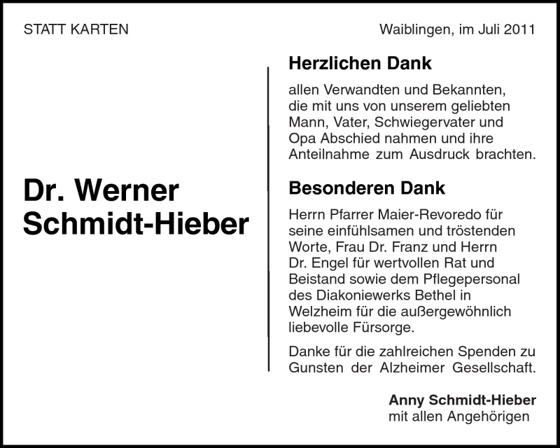  Traueranzeige für Werner Schmidt-Hieber vom 23.07.2011 aus Kreiszeitung Waiblingen