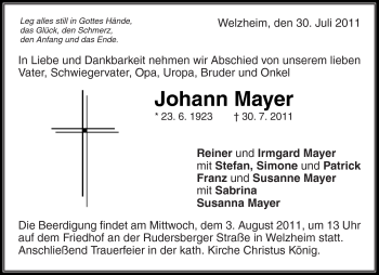 Traueranzeige von Johann Mayer von Kreiszeitung Waiblingen