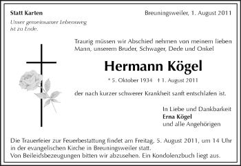 Traueranzeige von Hermann Kögel von Kreiszeitung Waiblingen
