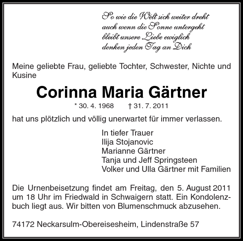  Traueranzeige für Corinna Maria Gärtner vom 04.08.2011 aus Kreiszeitung Waiblingen