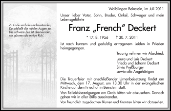 Traueranzeige von Franz Deckert von Kreiszeitung Waiblingen