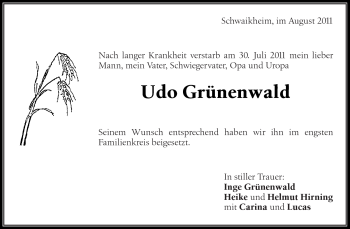Traueranzeige von Udo Grünewald von Kreiszeitung Waiblingen