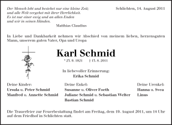 Traueranzeige von Karl Schmid von Kreiszeitung Waiblingen