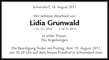 Traueranzeige von Lidia Grunwald von Kreiszeitung Waiblingen