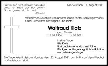 Traueranzeige von Waltraud Klotz von Kreiszeitung Waiblingen
