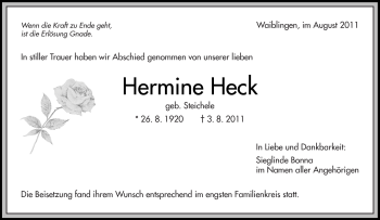 Traueranzeige von Hermine Heck von Kreiszeitung Waiblingen