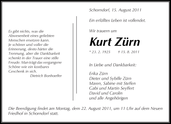 Traueranzeige von Kurt Zürn von Kreiszeitung Waiblingen