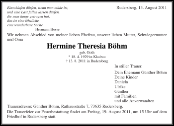 Traueranzeige von Hermine Theresia Böhm von Kreiszeitung Waiblingen