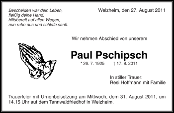 Traueranzeige von Paul Pschipsch von Kreiszeitung Waiblingen