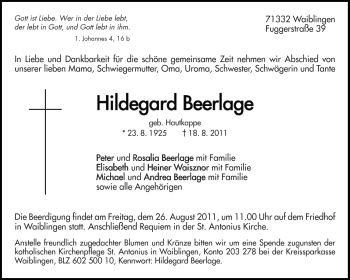 Traueranzeige von Hildegard Beerlage von Kreiszeitung Waiblingen