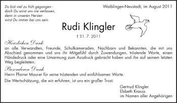 Traueranzeige von Rudi Klingler von Kreiszeitung Waiblingen