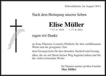 Traueranzeige von Elise Müller von Kreiszeitung Waiblingen