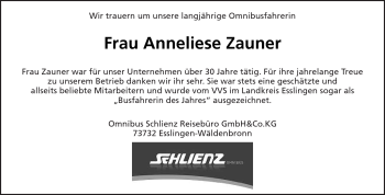 Traueranzeige von Anneliese Zauner von Kreiszeitung Waiblingen