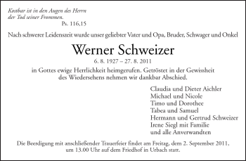 Traueranzeige von Werner Schweizer von Kreiszeitung Waiblingen