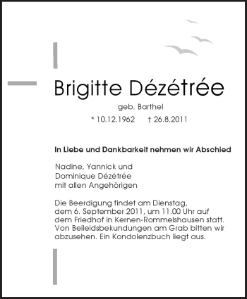 Traueranzeige von Brigitte Dézétrée von Kreiszeitung Waiblingen