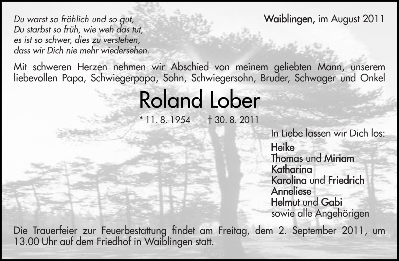  Traueranzeige für Roland Lober vom 01.09.2011 aus Kreiszeitung Waiblingen
